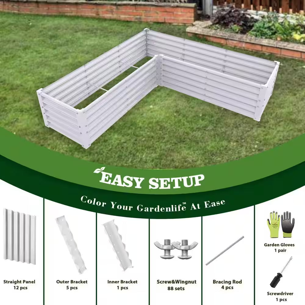74 In. L-Shaped White Metal Planter Box Raised Garden Bed for Planting Vegetables Flowers