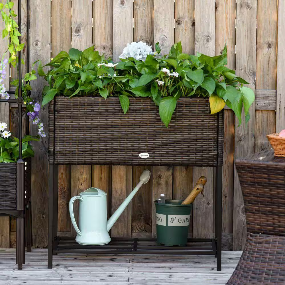 Plastic Raised Garden Bed with Tool Storage Shelf, Elevated Planter Box with Rattan Wicker Look, Portable Design, Brown
