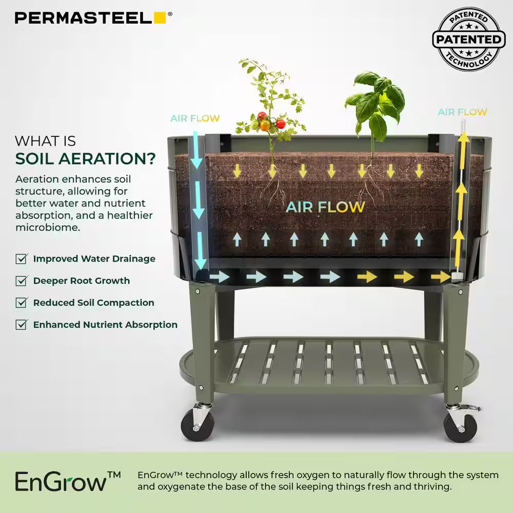 39 In. L X 19.25 In. W X 14.5 In. H Raised Steel Garden Bed with Engrow Truesoil Technology, Storage Shelf, Green