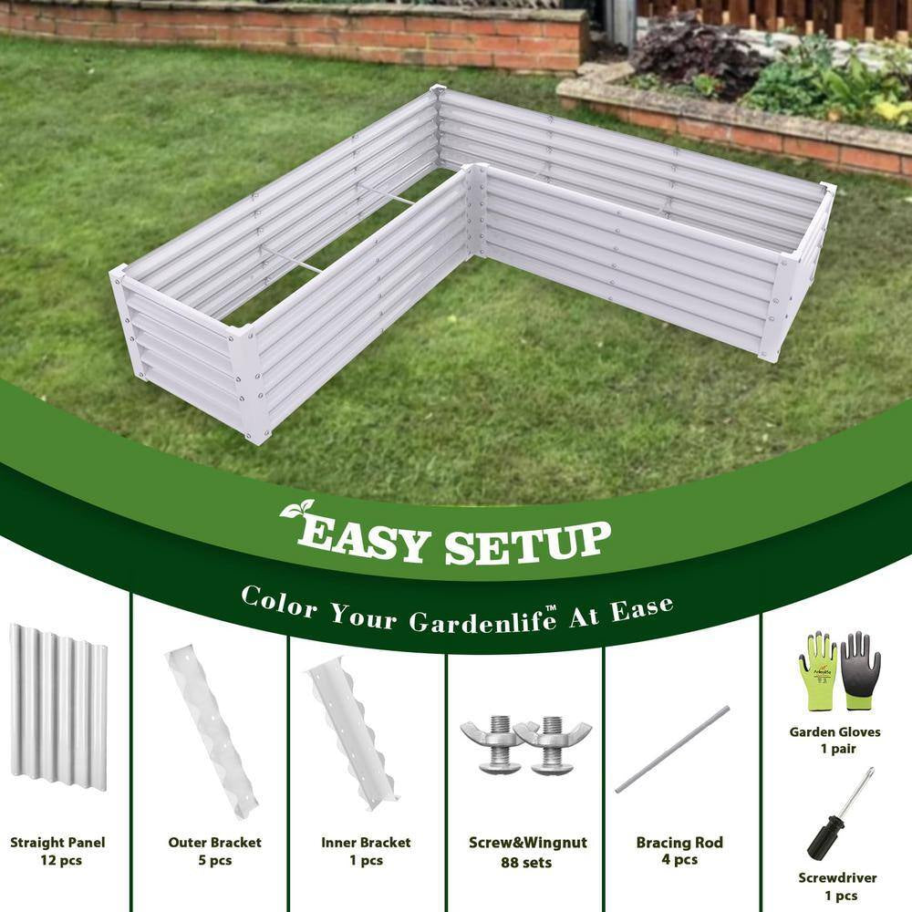 74 In. L-Shaped White Metal Planter Box Raised Garden Bed for Planting Vegetables Flowers