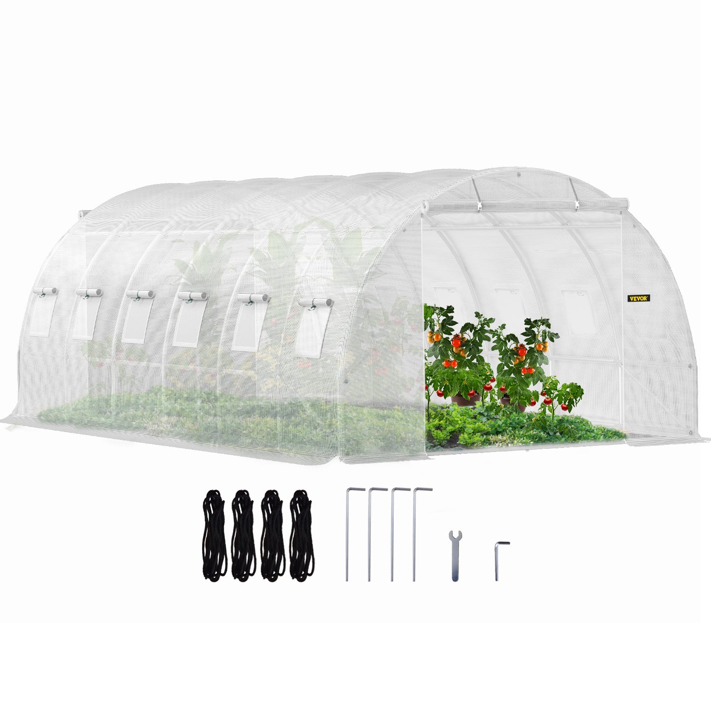 VEVOR Walk-In Tunnel Greenhouse, 20 X 10 X 7 Ft Portable Plant Hot House W Galvanized Steel Hoops, 3 Top Beams, Diagonal Poles, 2 Zippered Doors & 12 Roll-Up Windows, White