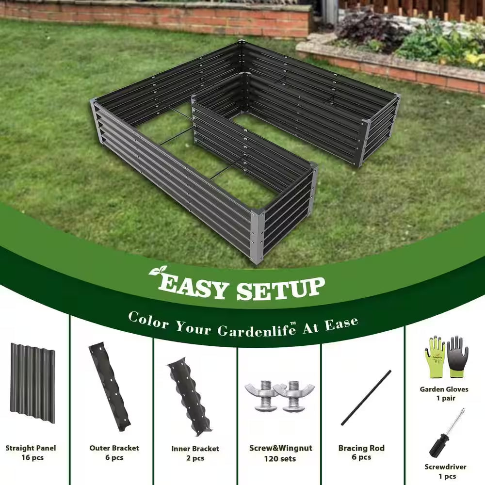 74 In. U-Shaped Gray Metal Planter Box Raised Garden Bed for Planting Vegetables Flowers