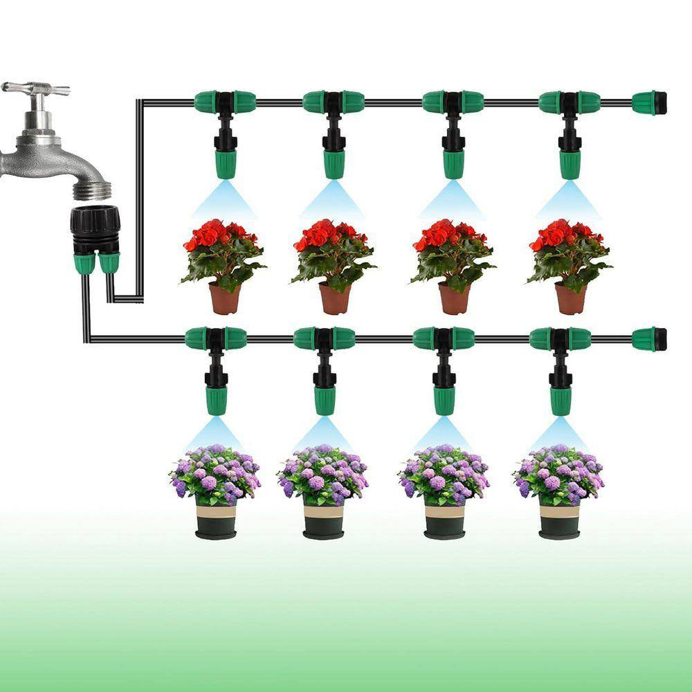 Automatic Misting Cooling System Adjustable Barbed Drip Irrigation Kit with 1/4 Inch Tubing for Patio Greenhouse Garden