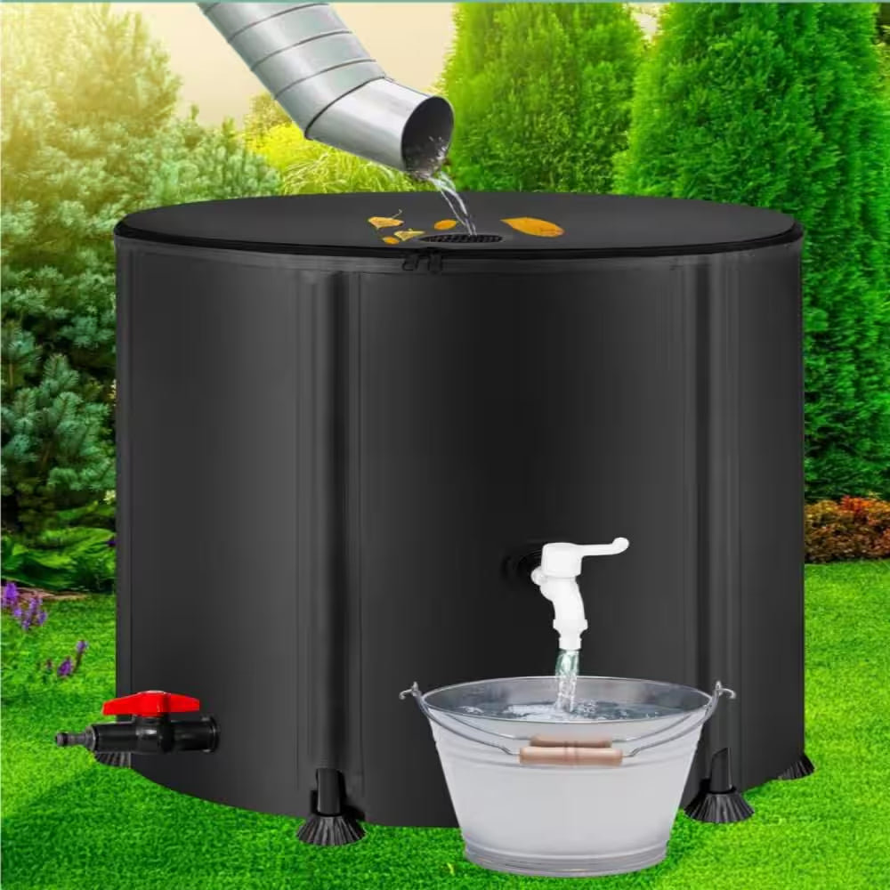 53 Gal. Black Collapsible Rain Barrel Water Storage Containers with Spigots, Filter and Overflow Kits