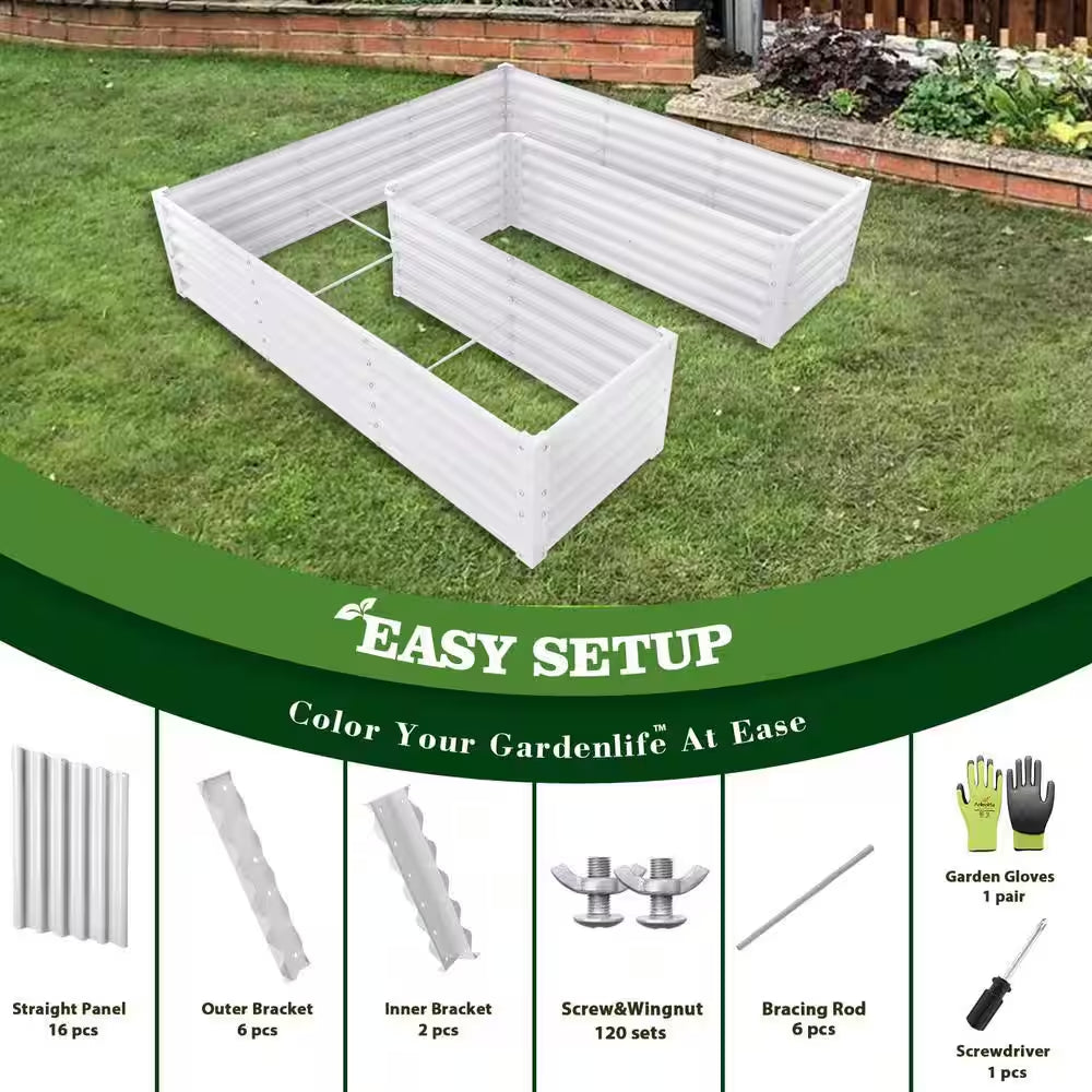 74 In. U-Shaped White Metal Planter Box Raised Garden Bed for Planting Vegetables Flowers