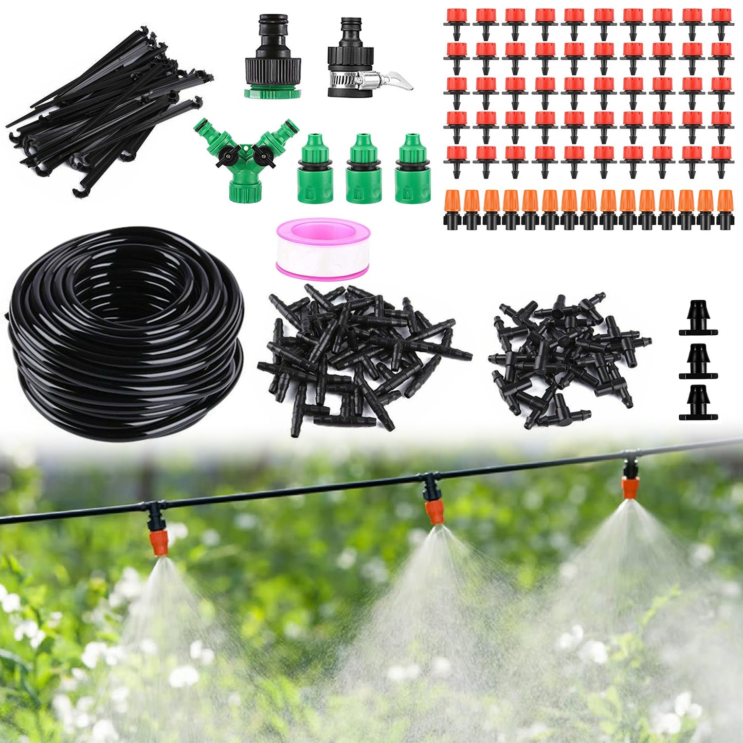 164FT Drip Irrigation Kit for Spring Summer Garden Automatic Garden Irrigation System Misting Plant Watering Drip Kit for Garden Greenhouse Flower Bed Patio Lawn