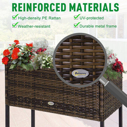 Plastic Raised Garden Bed with Tool Storage Shelf, Elevated Planter Box with Rattan Wicker Look, Portable Design, Brown