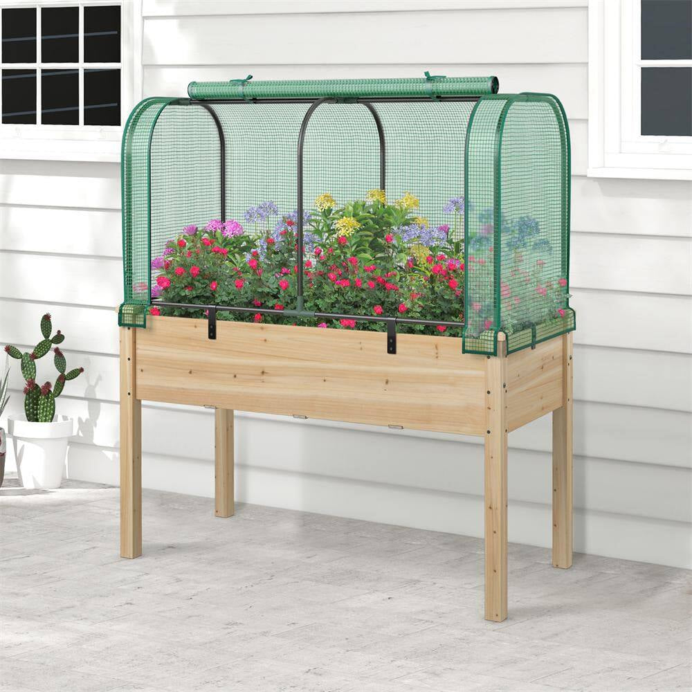 Fir Wood Raised Garden Bed with Greenhouse Waterproof Sun-Protective Green Hot House Green+Natural