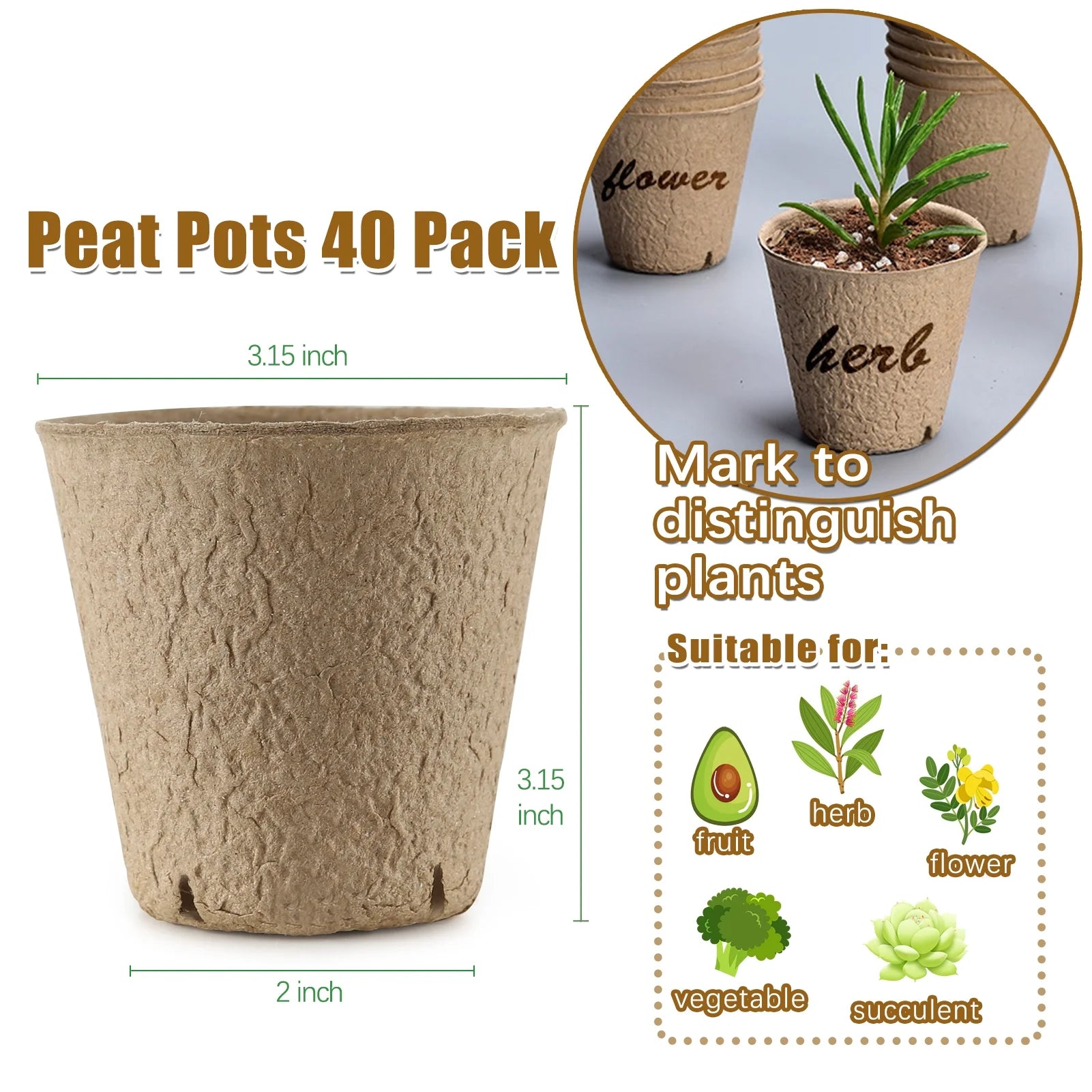 40 Pack Peat Pots for Seedlings, 3.15 Inch Biodegradable Seed Starter Planting Pots for Seedlings