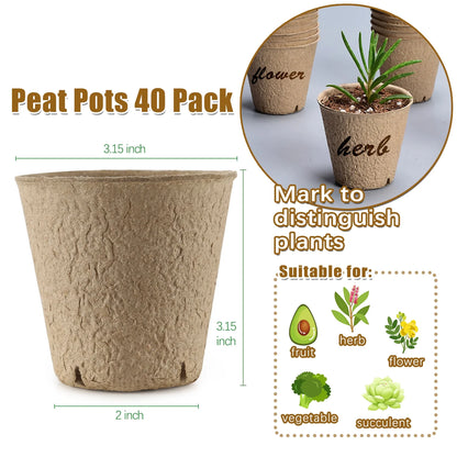 40 Pack Peat Pots for Seedlings, 3.15 Inch Biodegradable Seed Starter Planting Pots for Seedlings