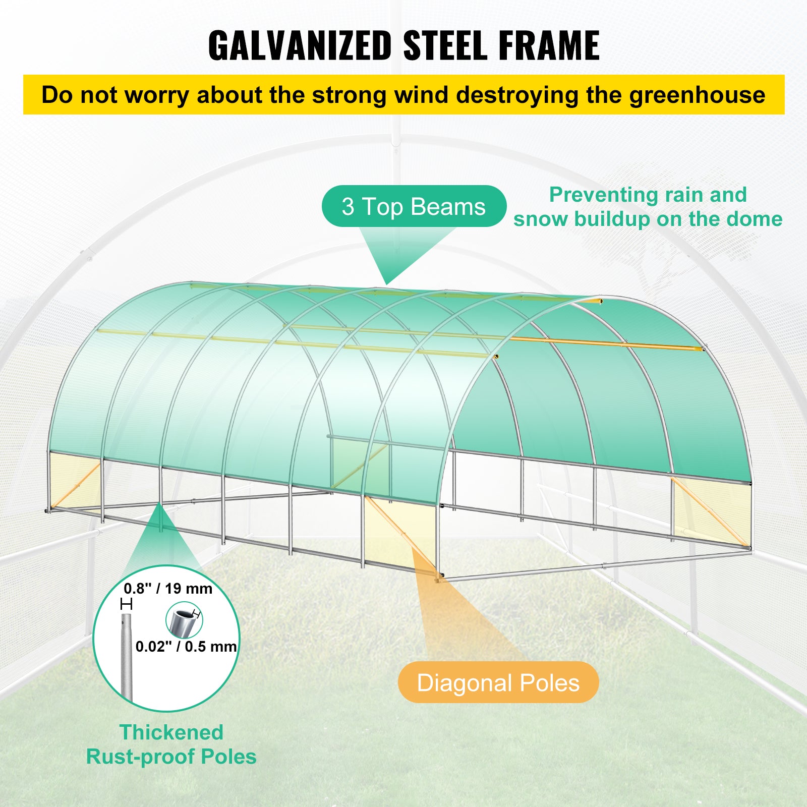 VEVOR Walk-In Tunnel Greenhouse, 20 X 10 X 7 Ft Portable Plant Hot House W Galvanized Steel Hoops, 3 Top Beams, Diagonal Poles, 2 Zippered Doors & 12 Roll-Up Windows, White