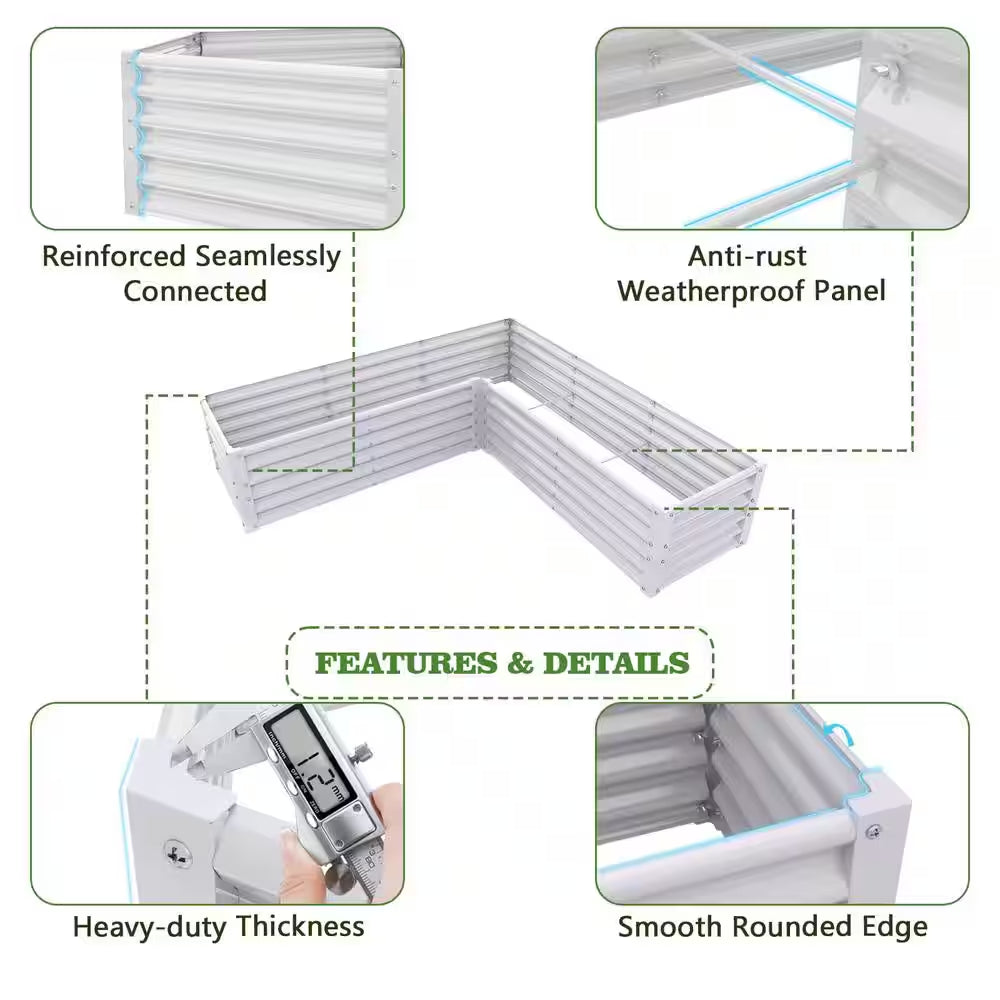 74 In. L-Shaped White Metal Planter Box Raised Garden Bed for Planting Vegetables Flowers
