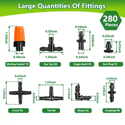 280-Piece Drip Irrigation Fittings Kit for 1/4 In. Tubing, Includes Nozzles, Tees, Couplings, Elbows, Plugs, Crosses