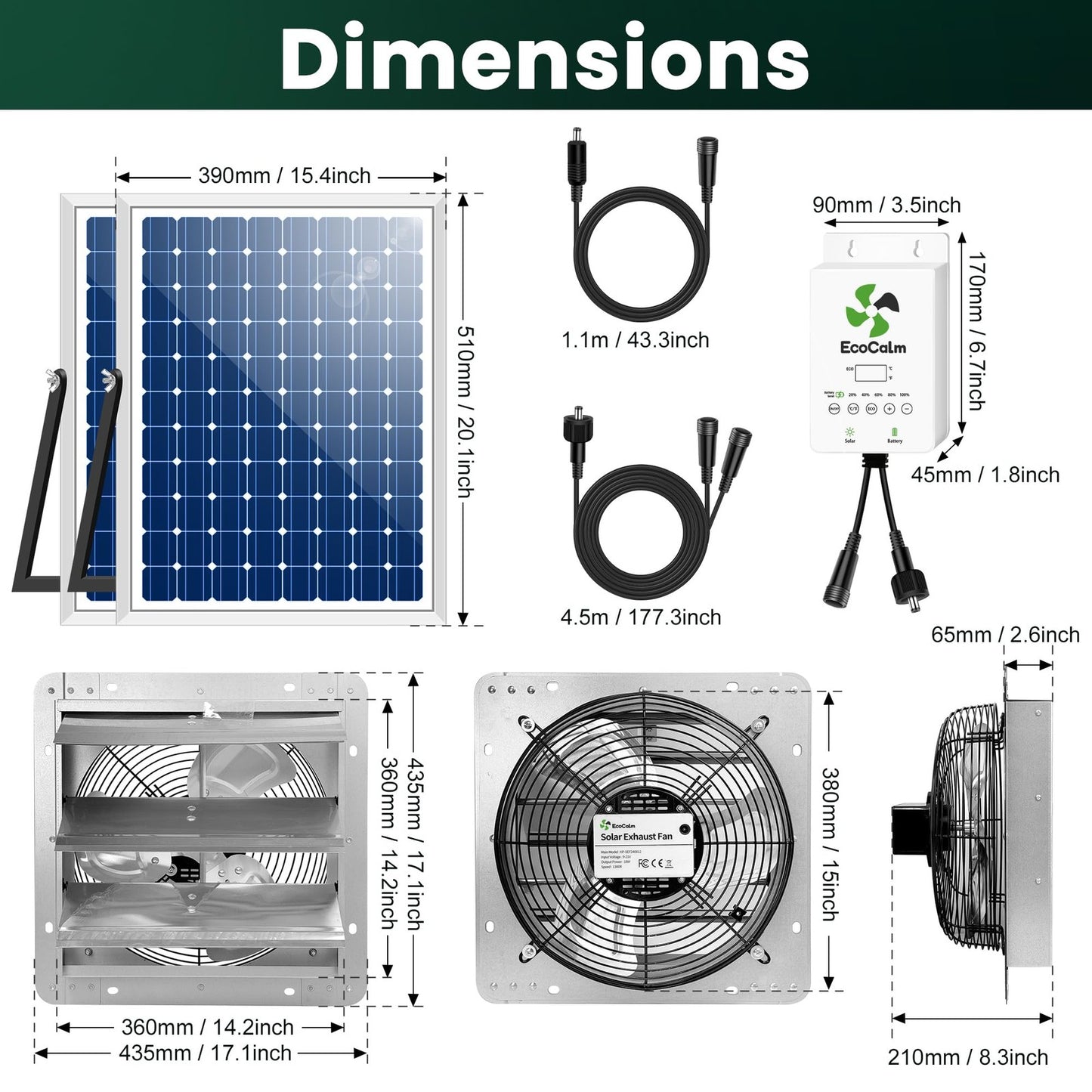 14" Solar Exhaust Fan for Greenhouse with Battery and Adjustable Thermostat, ...