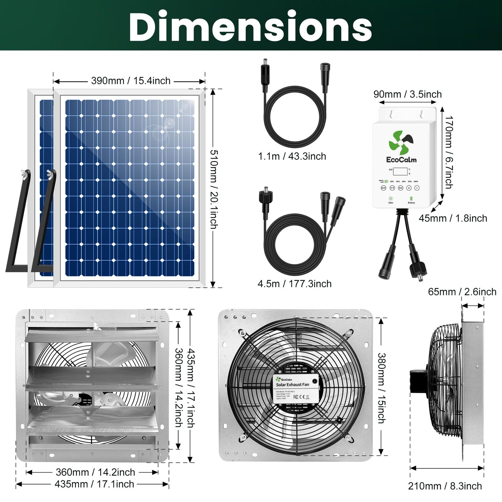 14" Solar Exhaust Fan for Greenhouse with Battery and Adjustable Thermostat, ...