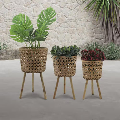 Brown Bamboo round Outdoor Planter for Garden Pool, for Planting and Potting Succulents, 3-Pack