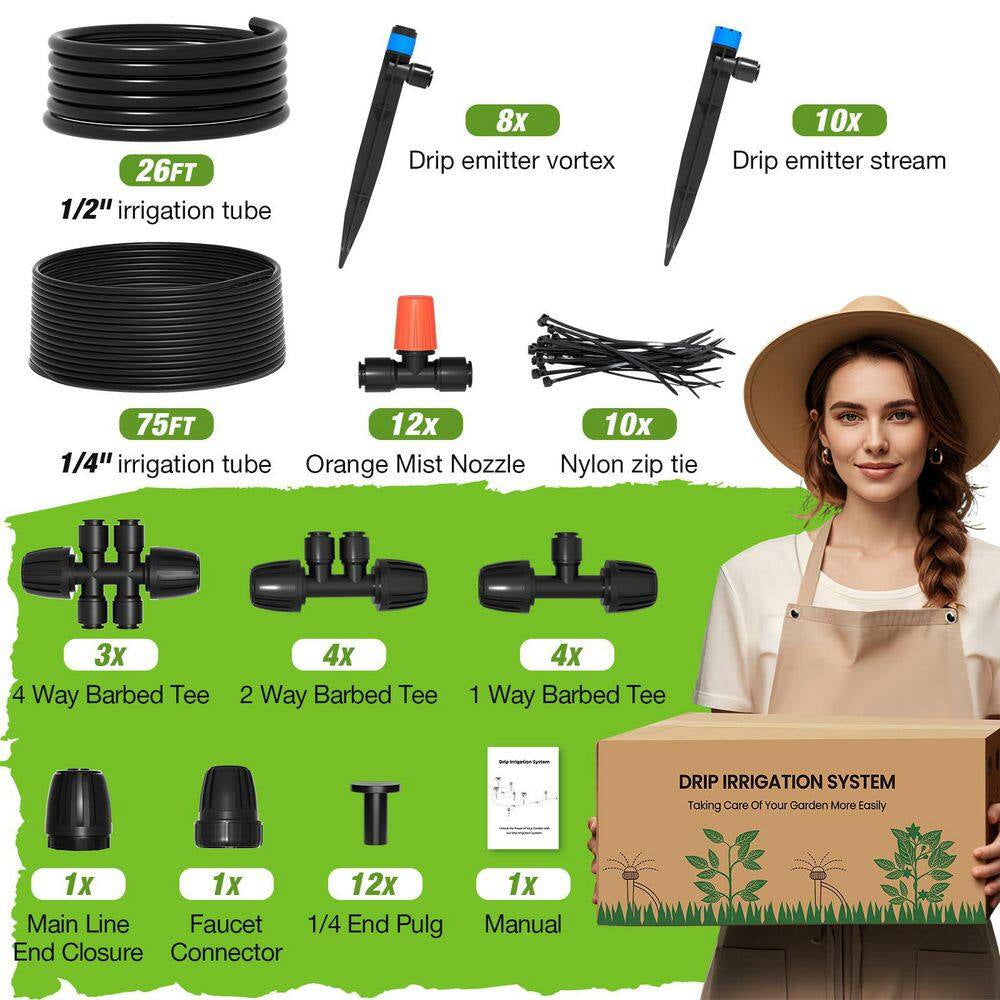 26 Ft. Micro Drip Irrigation Kit with Adjustable Nozzle Emitters and Barbed Fittings