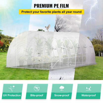 VEVOR Walk-In Tunnel Greenhouse, 20 X 10 X 7 Ft Portable Plant Hot House W Galvanized Steel Hoops, 3 Top Beams, Diagonal Poles, 2 Zippered Doors & 12 Roll-Up Windows, White