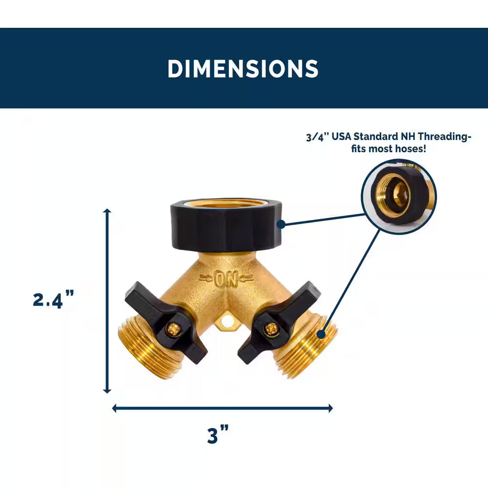 Heavy-Duty Brass and Rubber 2 Way Garden Hose Y Splitter