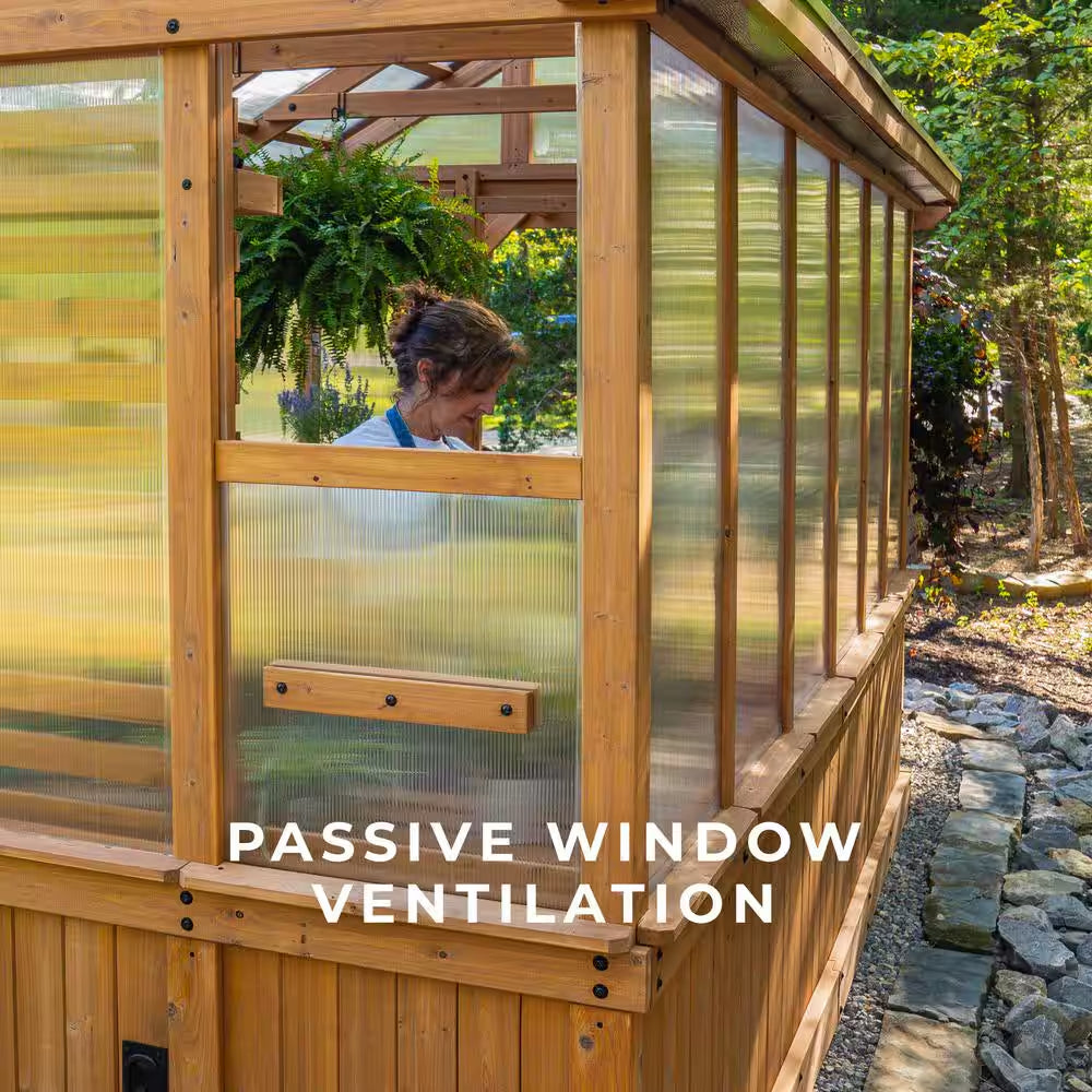 Bellerose 7.3 Ft. W X 14.75 Ft. L X 9.75 Ft. H All Cedar Greenhouse W/ Pergola and Temperature Activated Ventilation Fan