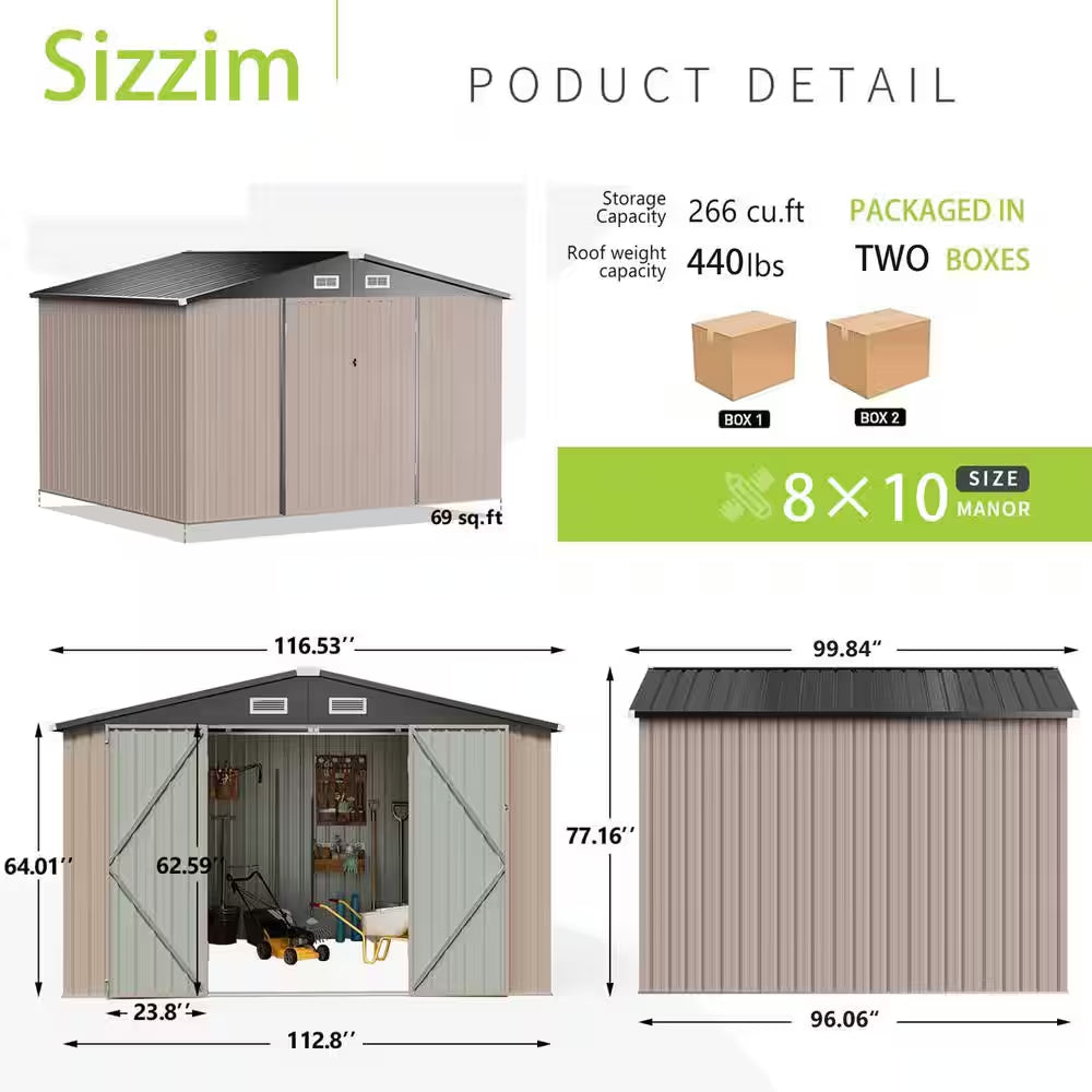 10 Ft. W X 8 Ft. D Metal Storage Shed for Garden and Backyard (73 Sq. Ft.)