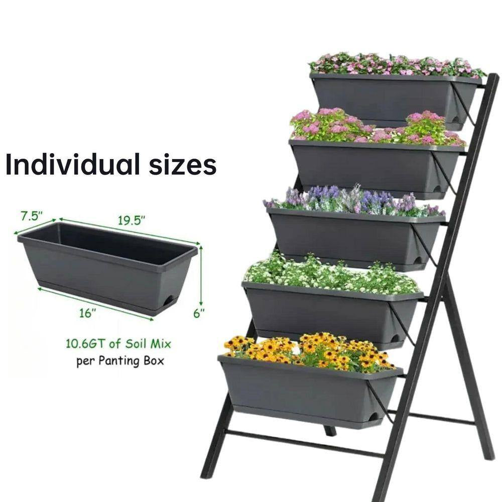 5-Tier Metal Fram and Plastic Raised Garden Bed-Vertical Planter with Excellent Drainage (Space-Saving, Sturdy)