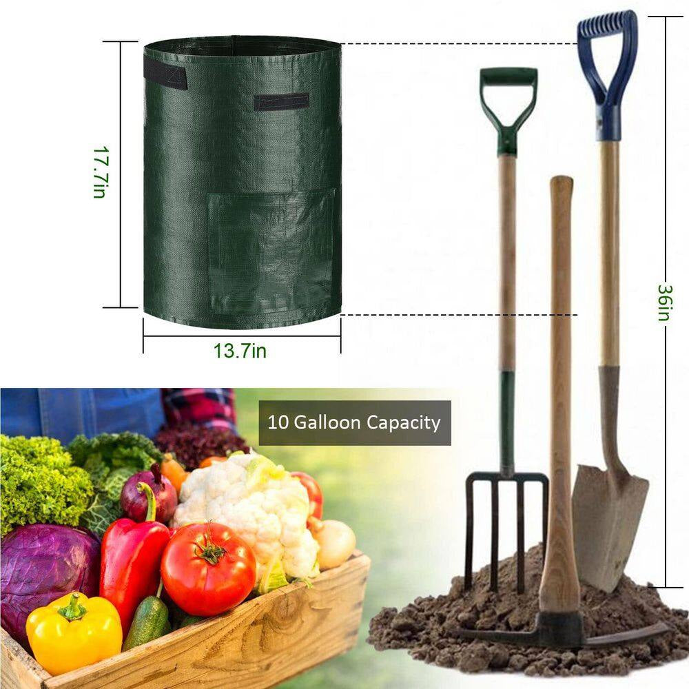 10 Gal. Polyethylene Potato Grow Bags, Handles Planter Pots with Flap for Tomato, Fruits and Carrot, Green (2-Pack)