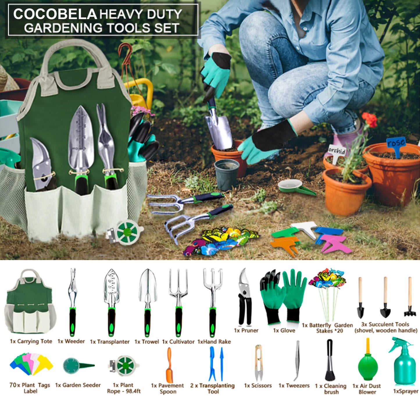 111Pcs Garden Tools Set + Succulent Tools Set, Heavy Duty Aluminum Manual Garden Kit Outdoor Gardening 
