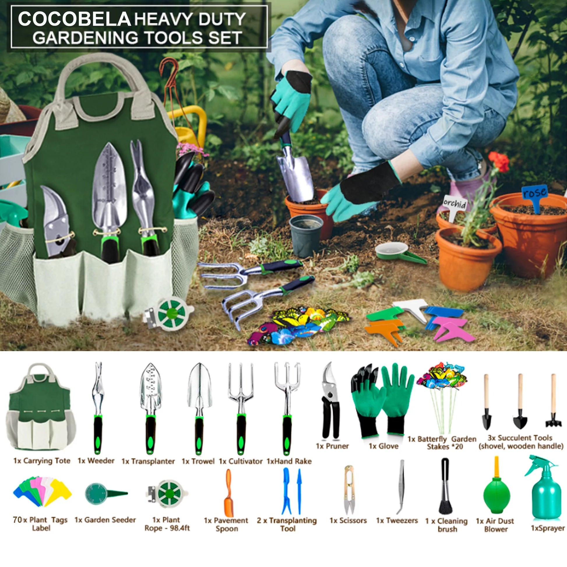 111Pcs Garden Tools Set + Succulent Tools Set, Heavy Duty Aluminum Manual Garden Kit Outdoor Gardening 