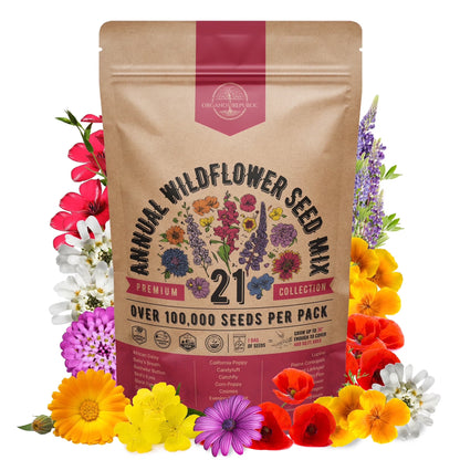 21 Annual Wildflower Seeds Mix, 100,000+ Non-Gmo Heirloom Wildflower Garden Seeds