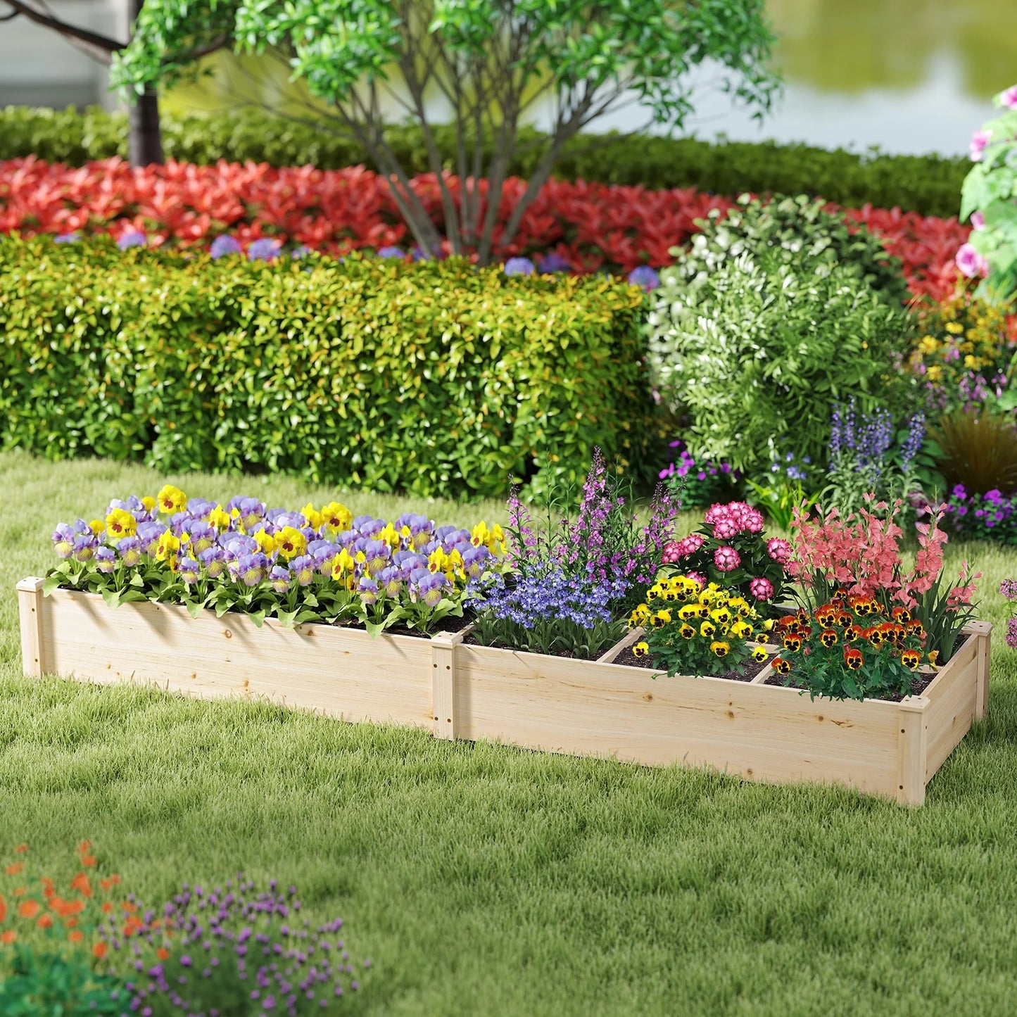 Wooden Raised Garden Bed, Elevated Patio Planter with 7 Planting Compartments for Flower
