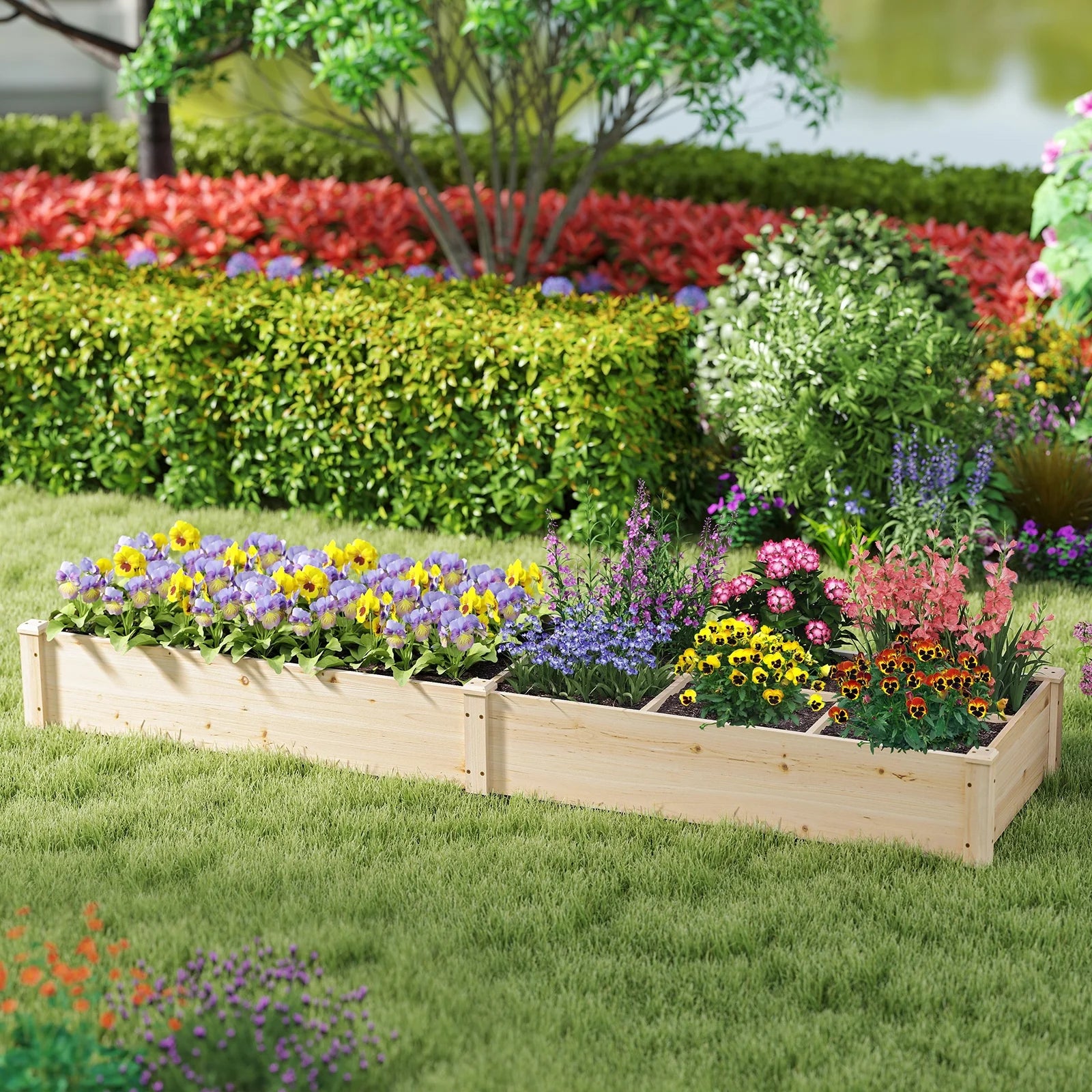 Wooden Raised Garden Bed, Elevated Patio Planter with 7 Planting Compartments for Flower