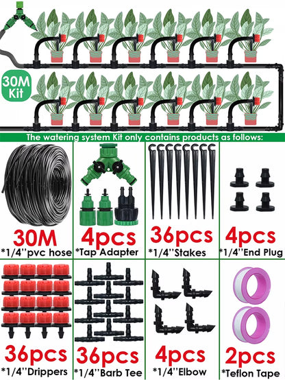 Garden Drip Irrigation Automatic Watering System Kit 1/4'' Nozzles for Bonsai Pot Plant Lawn Flower Vegetable Greenhouse