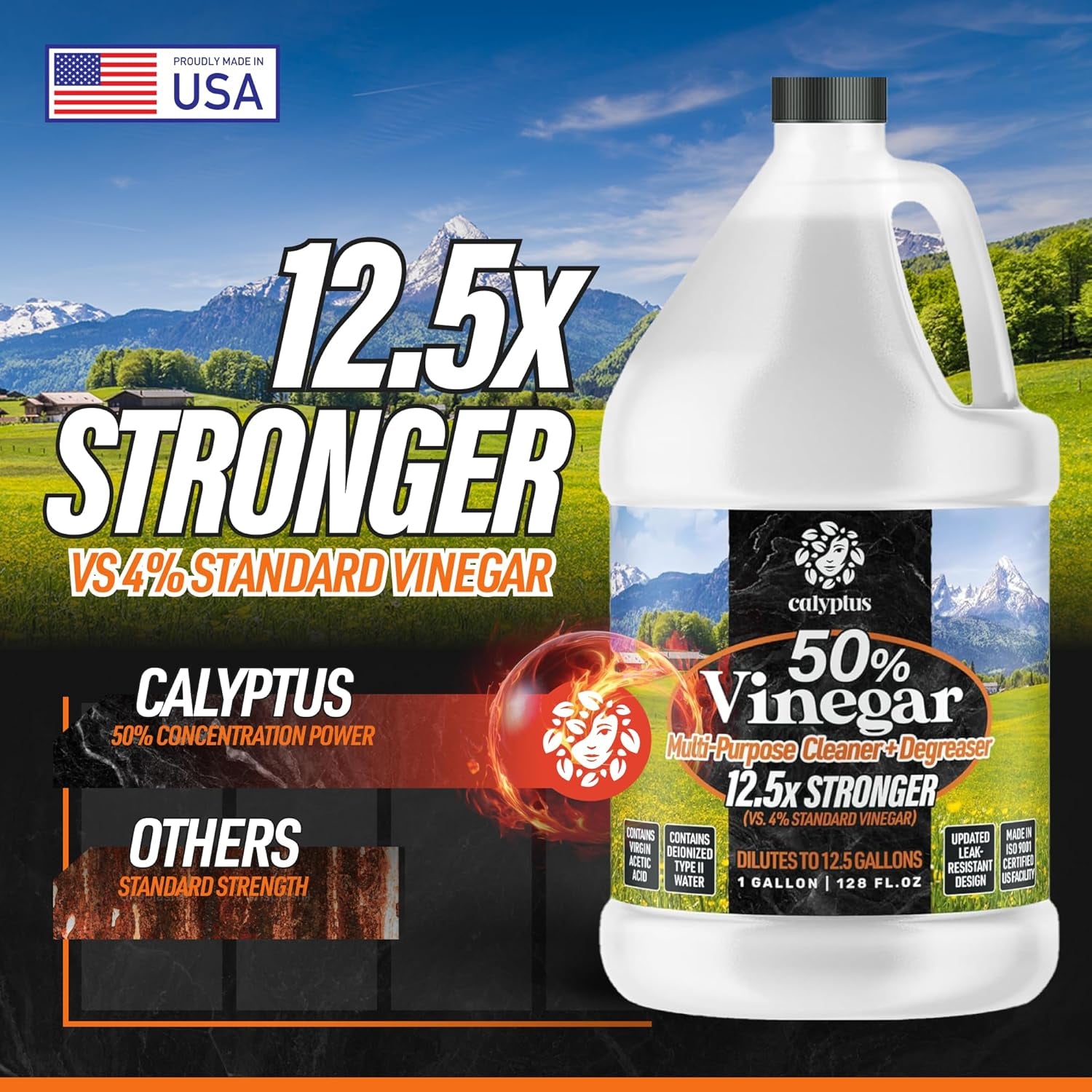 50% Pure Concentrated Vinegar | Maximum-Performance (12.5X) Power | Technical Grade | Dilutes Easily to 5% Acidity (1.5 Cups per Gallon) | Home and Outdoor Cleaning Concentrate | 1 Gallon