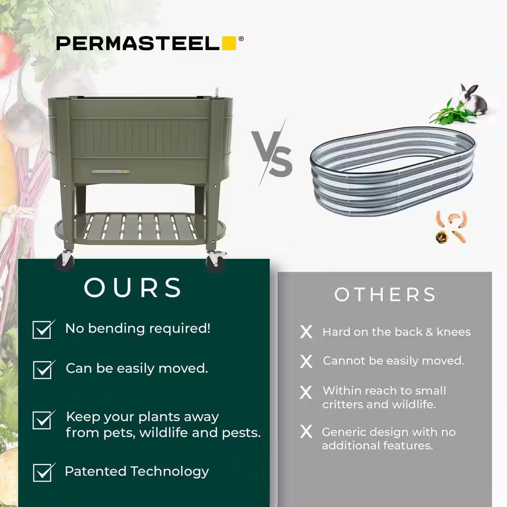 39 In. L X 19.25 In. W X 14.5 In. H Raised Steel Garden Bed with Engrow Truesoil Technology, Storage Shelf, Green