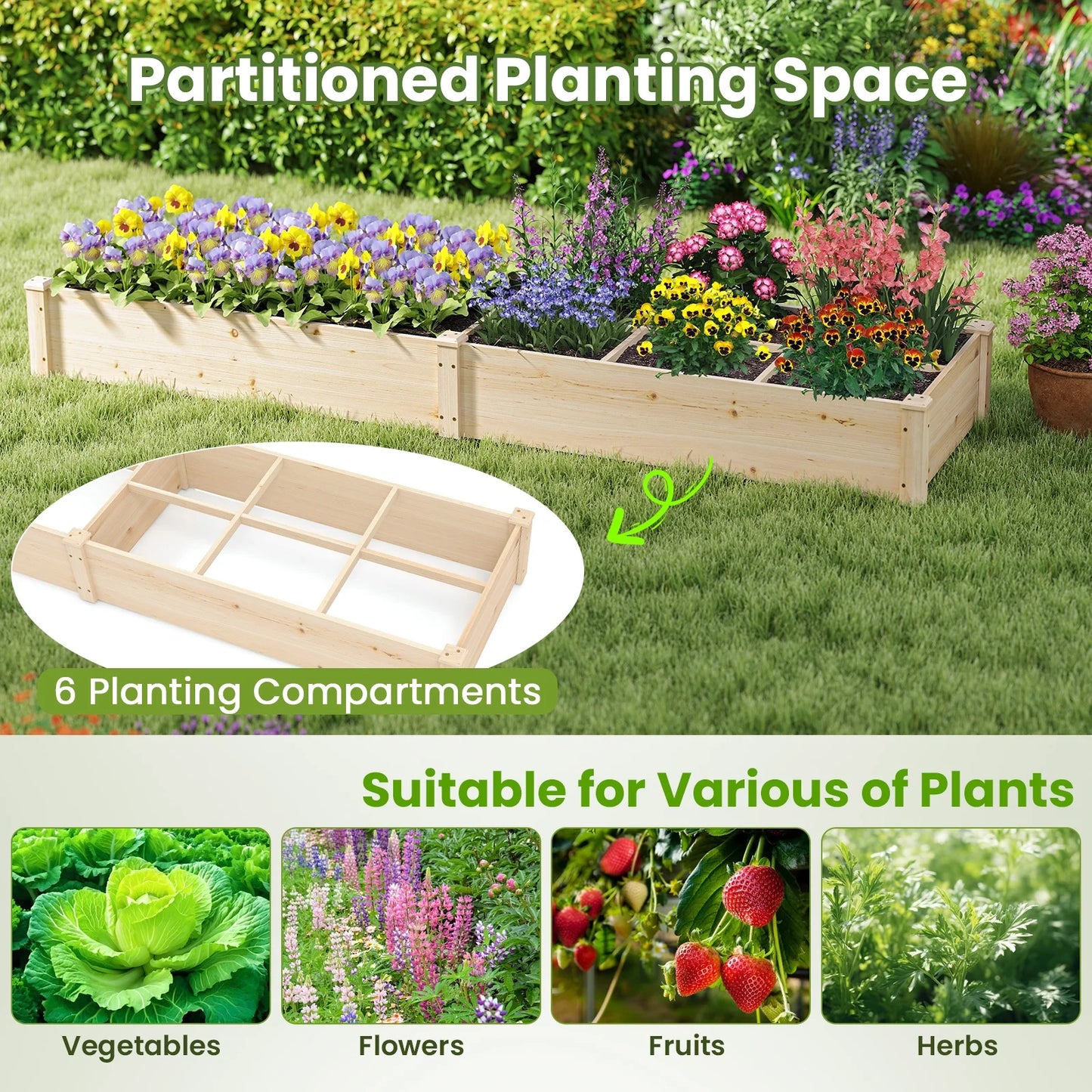 Wooden Raised Garden Bed, Elevated Patio Planter with 7 Planting Compartments for Flower