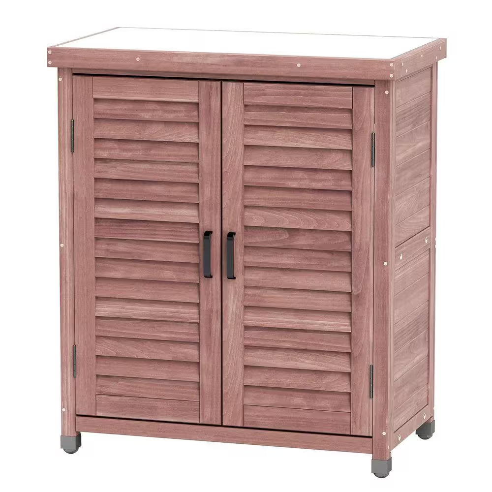 Outdoor Storage Cabinet, Potting Bench Table with Metal Top, Wooden Patio Furniture, Garden Workstation, Brown