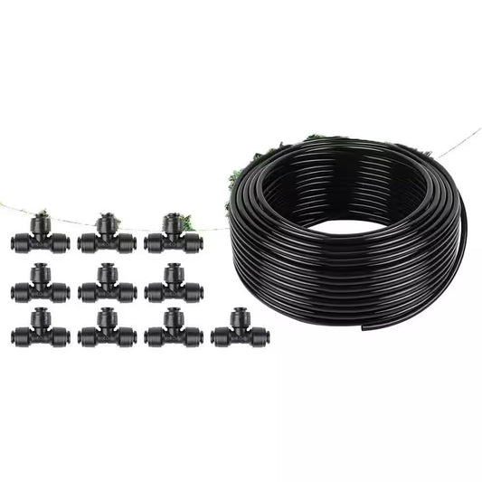 100 Ft. 1/4 In. Drip Irrigation Tubing with 10 Pack Push-To-Connect Tee Fittings for Garden Watering System