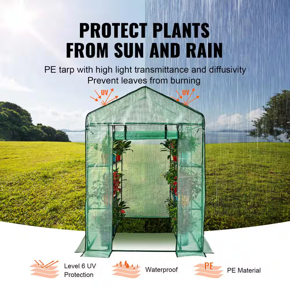 4.6 X 4.6 X 6.6 Ft. Walk-In Greenhouse with Shelves, PE Cover, Zipper Door, Steel Frame, for Planting and Storage