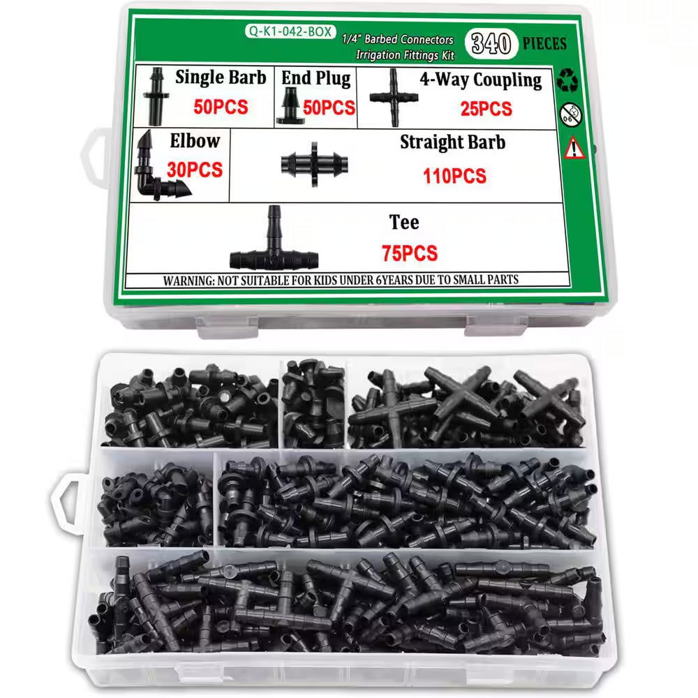 340 Piece 1/4 In. Drip Irrigation Kit with Barbed Connectors for Garden, Lawn, and Flower Pot