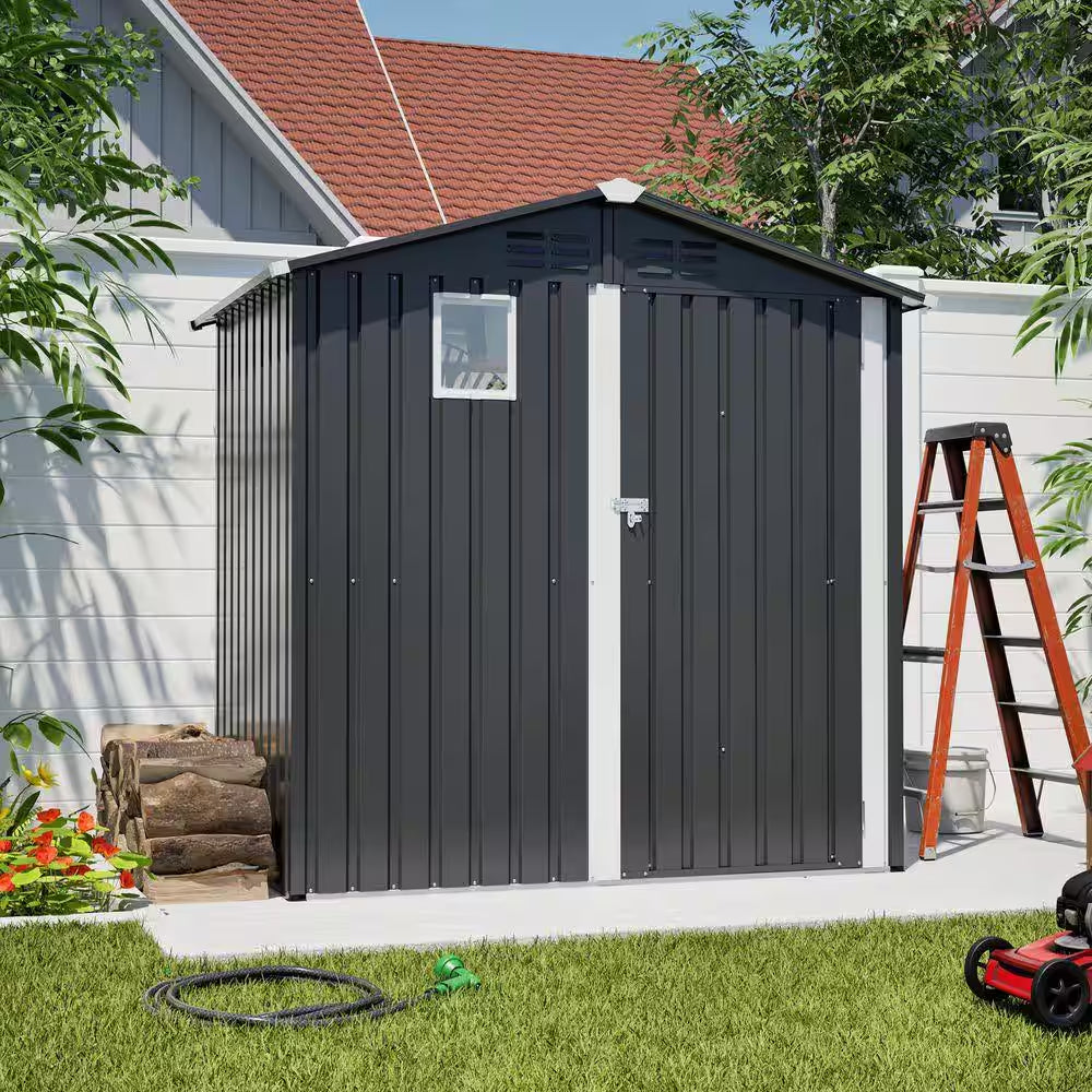 6 Ft. W X 4 Ft. D Black Metal Outdoor Storage Shed Utility Tool Shed for Backyard Garden Patio Lawn (24 Sq. Ft.)