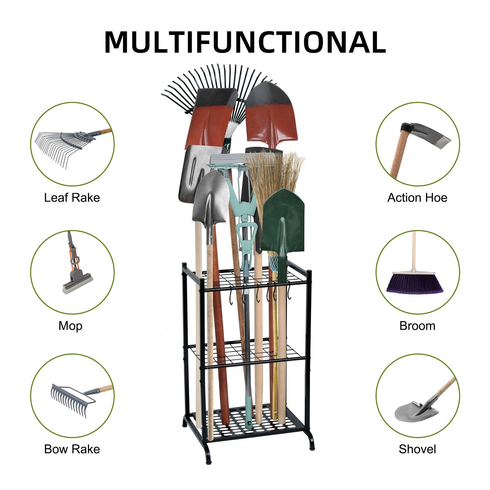 Garden Tool Organizer with Storage Hooks Yard Tower Rack for Garage Organization