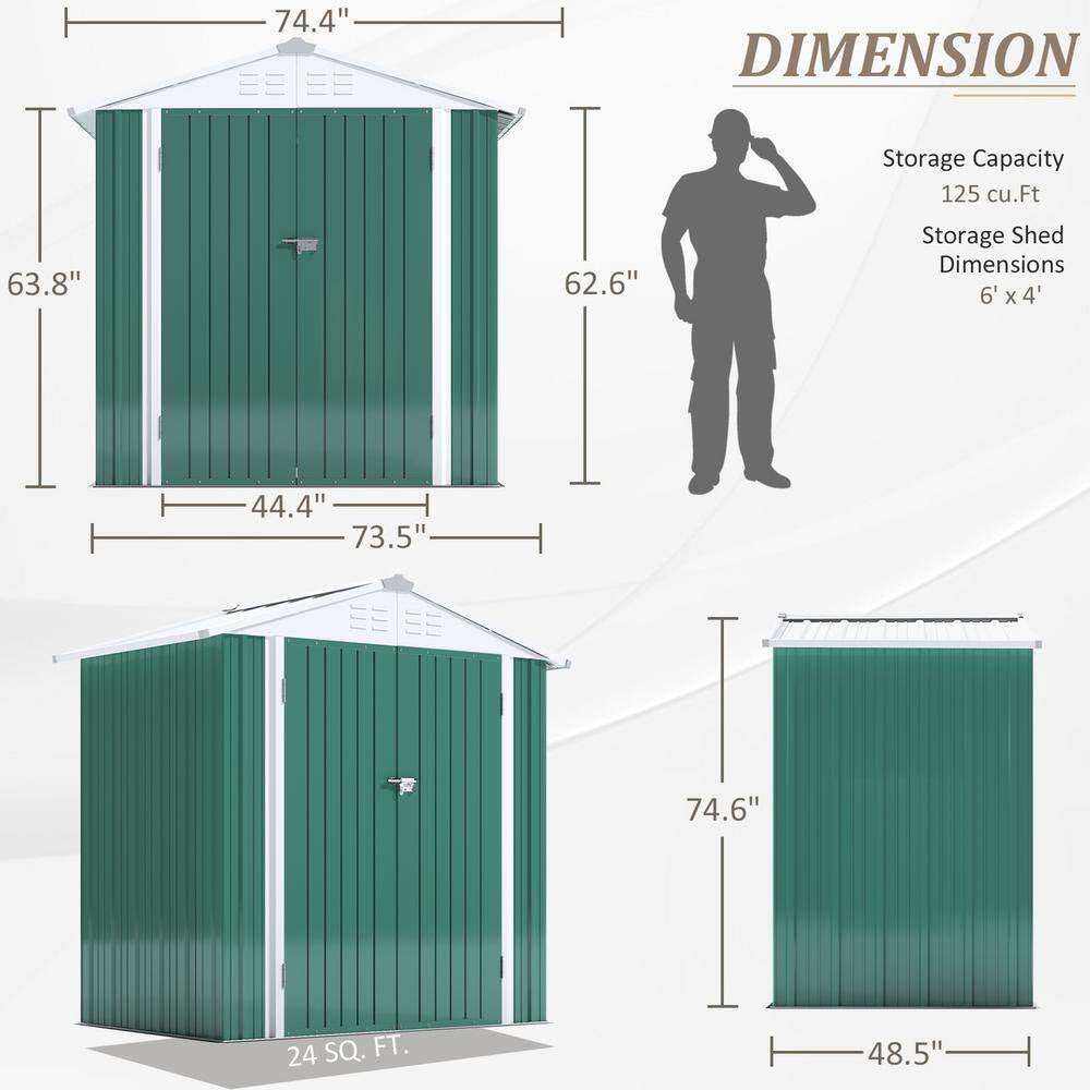 6 Ft. W X 4 Ft. D Outdoor Storage Metal Shed Utility Patio Shed for Garden and Backyard 24 Sq. Ft. in Green