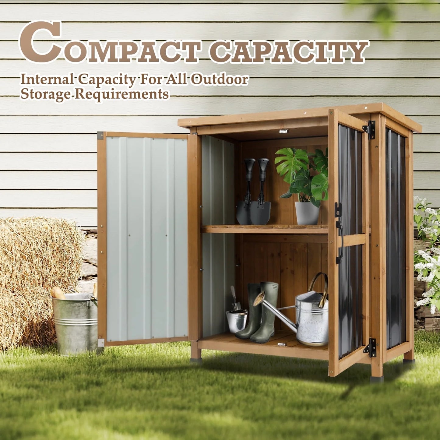 Outdoor Storage Cabinet Wood Storage Shed Waterproof Roof, Double Lockable Doors Garden Shed with Removable Shelves