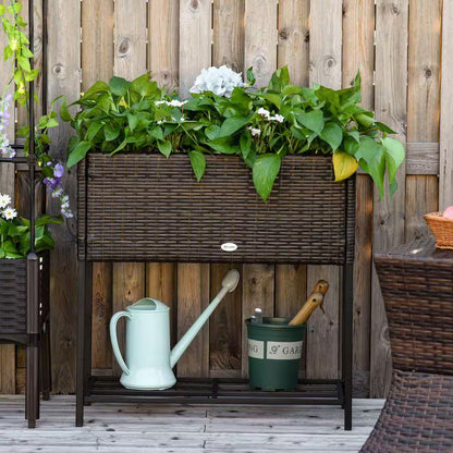 Plastic Raised Garden Bed with Tool Storage Shelf, Elevated Planter Box with Rattan Wicker Look, Portable Design, Brown