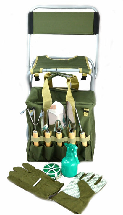 10-Piece Gardening Tool Set Folding Stool Seat with Zippered Detachable Tote