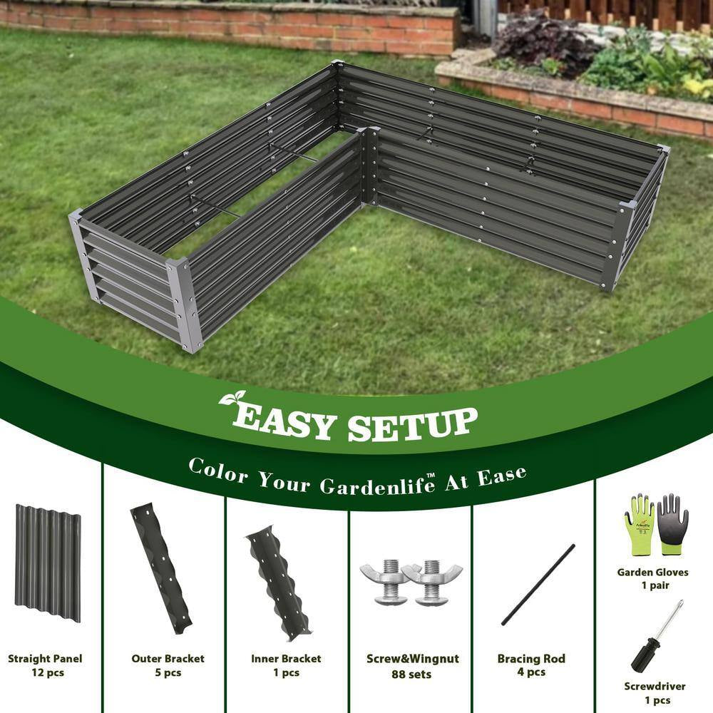 74 In. L-Shaped Gray Metal Planter Box Raised Garden Bed for Planting Vegetables Flowers