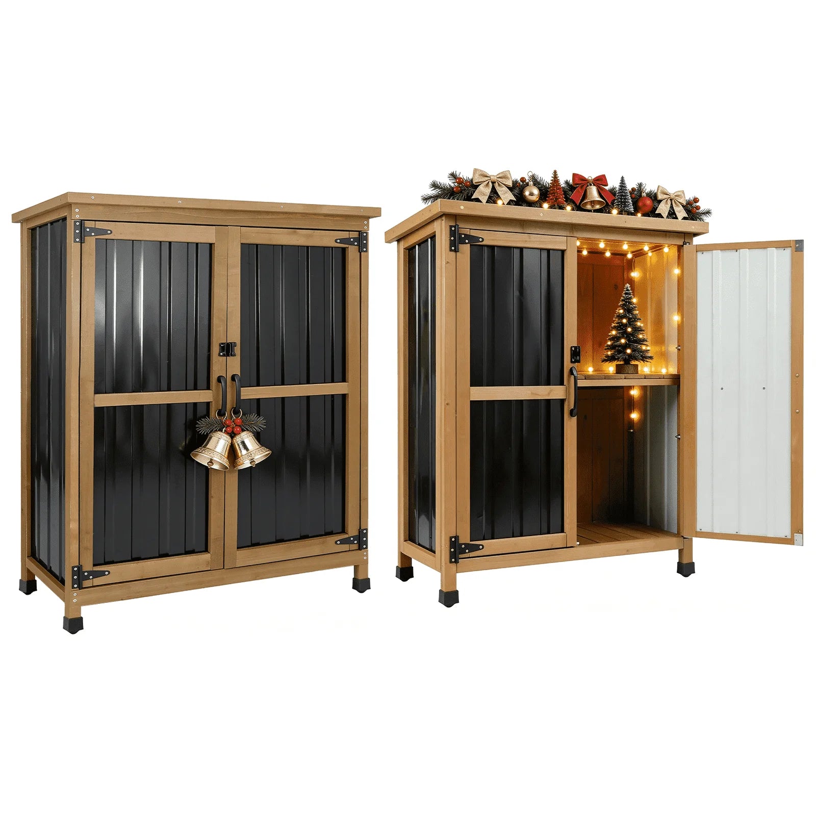 Outdoor Storage Cabinet Wood Storage Shed Waterproof Roof, Double Lockable Doors Garden Shed with Removable Shelves