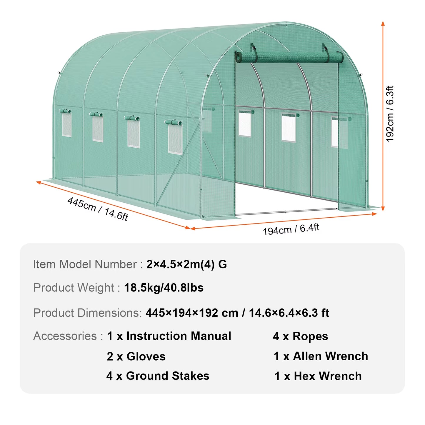 Walk-In Tunnel Greenhouse Hoop House Greenhouse Tunnel Plant Hot House with Steel Frame PE Cover Roll-Up Zipper Door