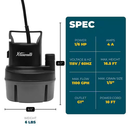 1/6 HP 1100 GPH Thermoplastic Submersible Utility Pump